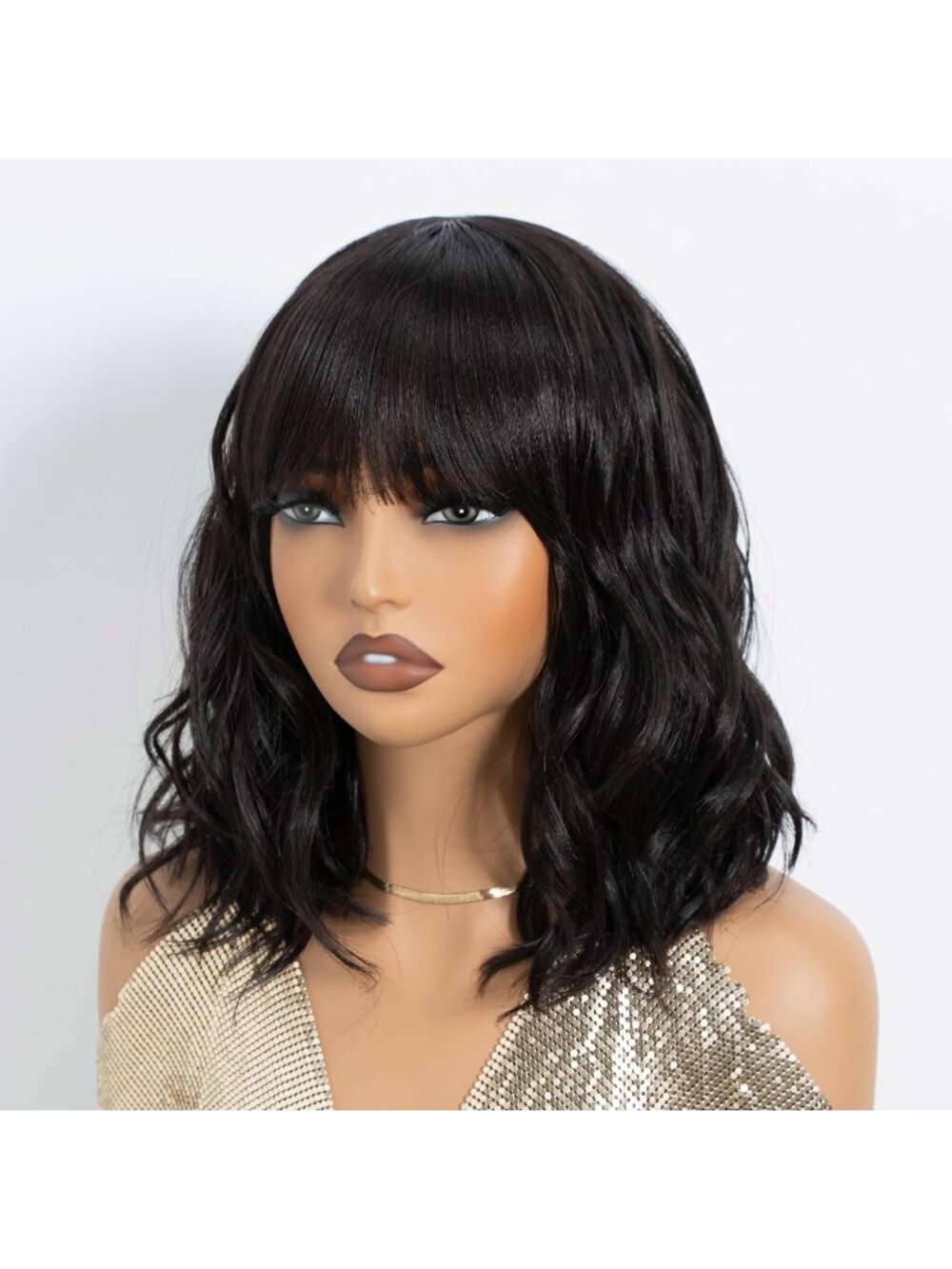 Women's Black Ombre Bob Party Shoulder Wig with Bangs Short Curly Synthetic